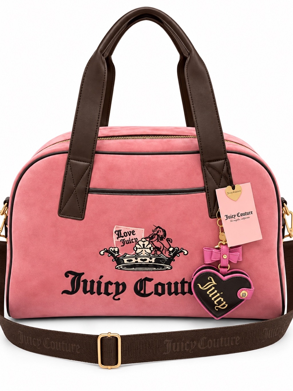 Juicy Couture Pink Velour Bowler Bag Brown Logo Strap Y2K
